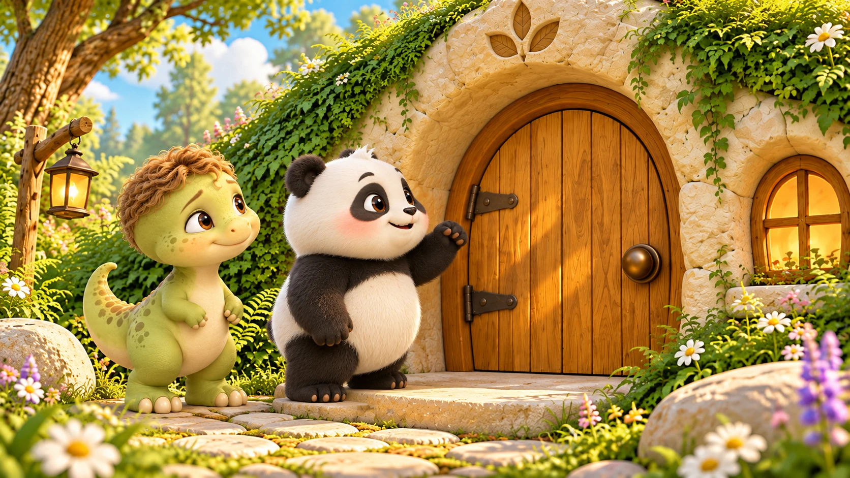 Mak-Mo the little dinosaur and Zee-Mo the panda outside the sisters’ wooden front door